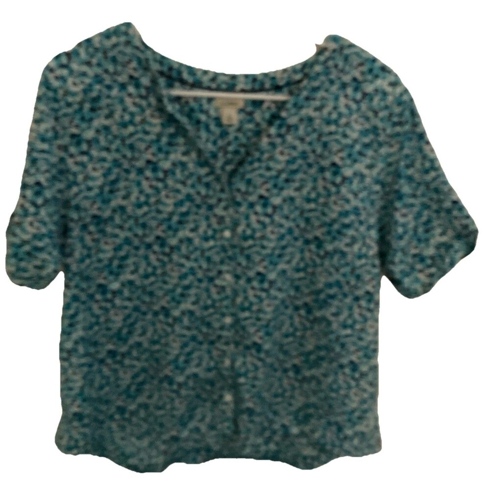 LL Bean Top Blouse L Green Blue Button Up